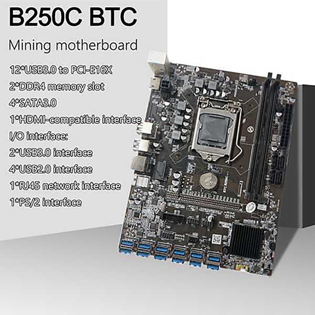 B250C BTC Mining Motherboard 12 USB3.0 to PCI-E Graphics Slots LGA1151 DDR4 RAM SATA3.0 with Thermal Grease+SATA Cable. 