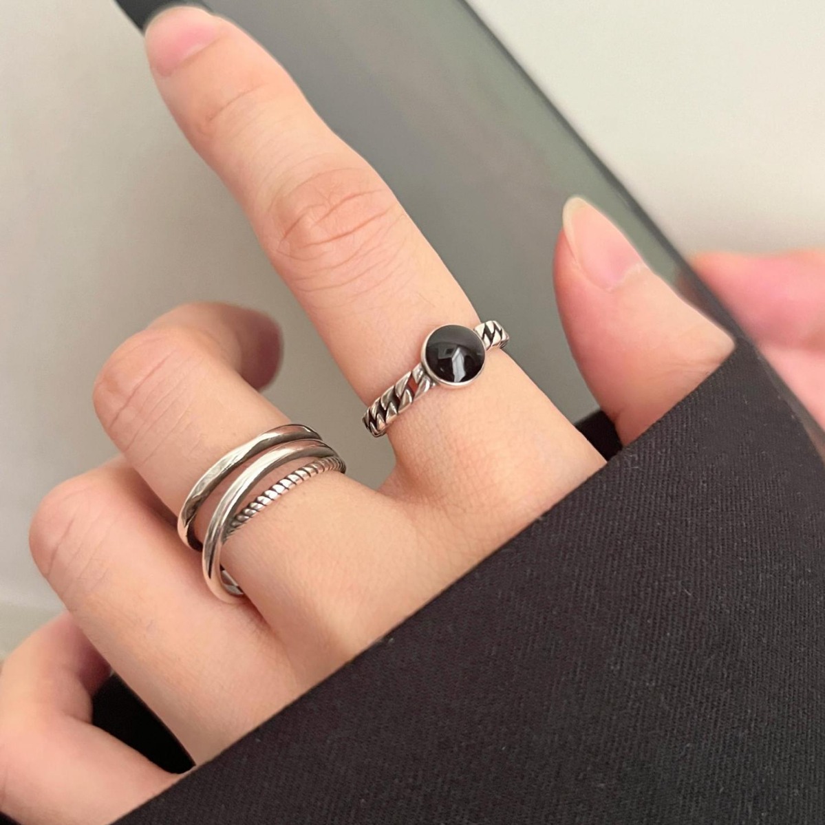 Simple lines cross ring female black drop glaze chain stacked S925 silver open ring ins index finger ring tide