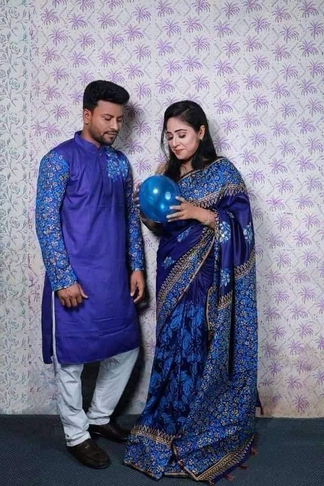 Occasional Dress/Couple Set/Matching Dress/Traditionally Dress/Sari And Panjabi- Block Print Saree & Panjabi - Sharee For Women