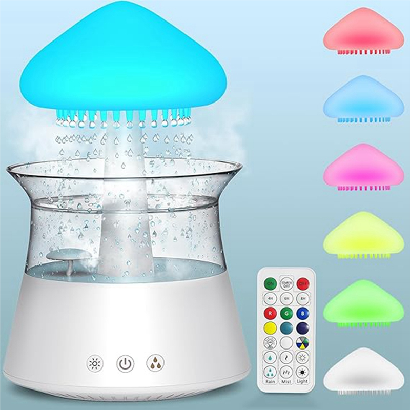Rain Cloud Humidifier Diffuser with Remote,Water Drip Waterfall Lamp Mushroom Rain Sounds White Noise Air Humidifiers Easy Install Easy to Use. 