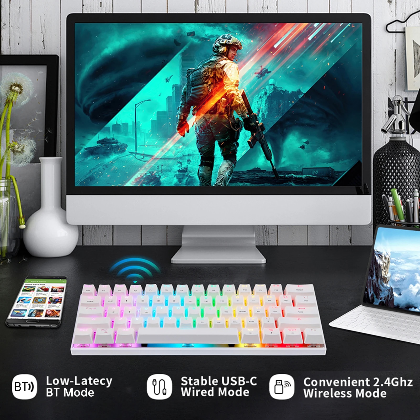 Motospeed SK62 BT Wireless Gaming Mechanical Keyboard 61 Keys RGB Backlight Red Switch Macro Drive For Laptop PC. 