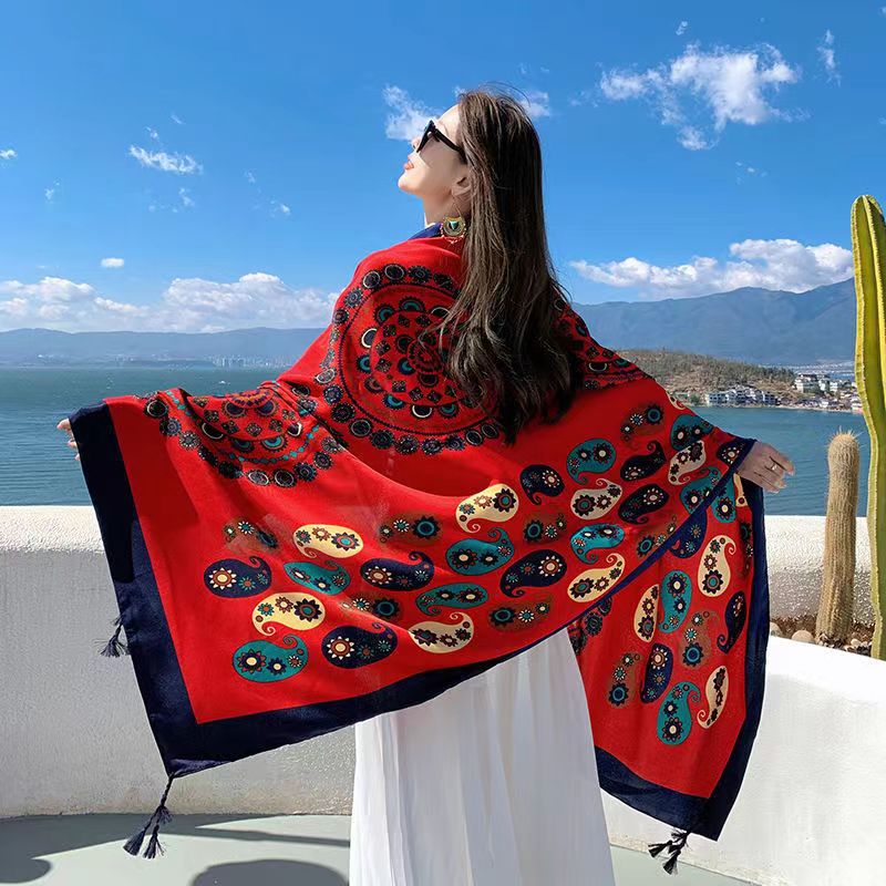 Tibet Chaka Salt Lake Desert Travel Photo Ethnic Style Shawl Sunscreen Twill Cotton Tassel Scarf