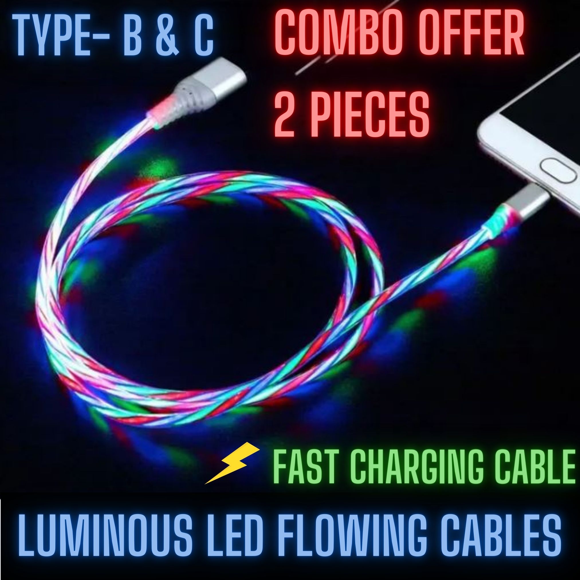 Luminous Two Pieces Type-B & C Cable Cord Led Light Up USB Charging Cable Led Flowing USB C & Micro Charger Cord Fast Charging Line Glow in the Dark