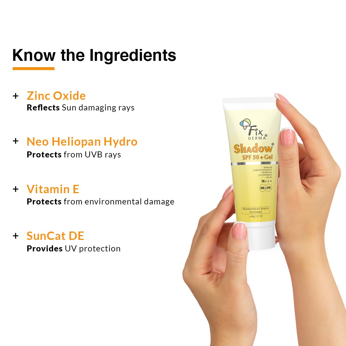 FIXDERMA Shadow Sunscreen Spf 50+ Gel For Oily Skin, Body & Face, Broad Spectrum For Uva & Uvb Protection For Unisex, Non Greasy & Water Resistant, 40g. 