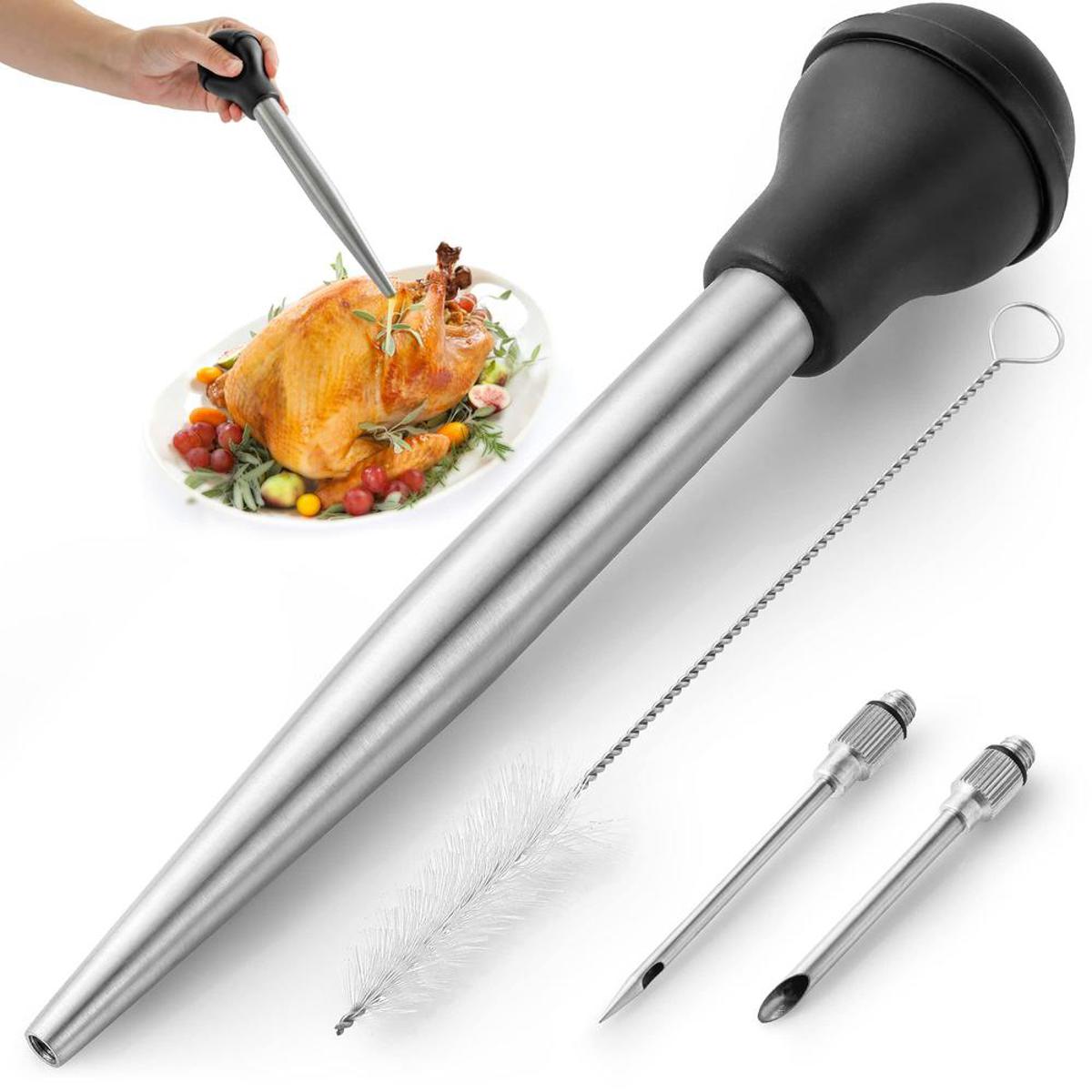 Kitchen Stainless Steel Turkey Baster for Cooking- Food Grade Metal Turkey Baster Syringe with Silicone Suction Bulb Turkey Baster Large Size Includes 2 Detachable Needles and Cleaning Brush