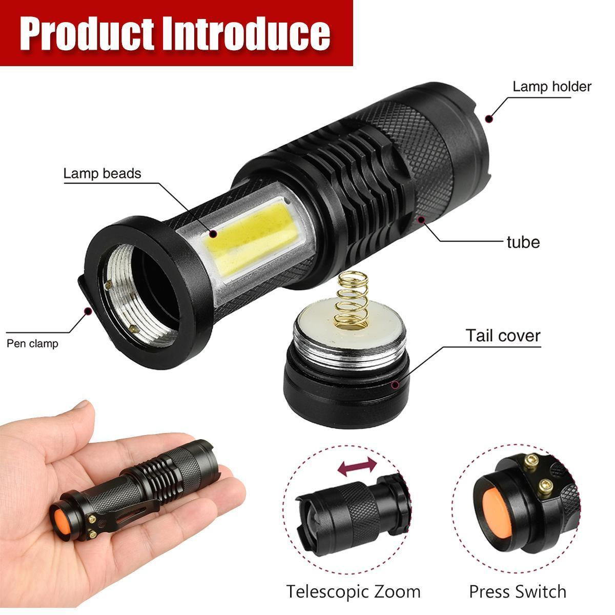 Zoom 10000 LM Q5 + COB LED Mini Flashlight 14500 4 Modes Pocket Torch Lantern. 