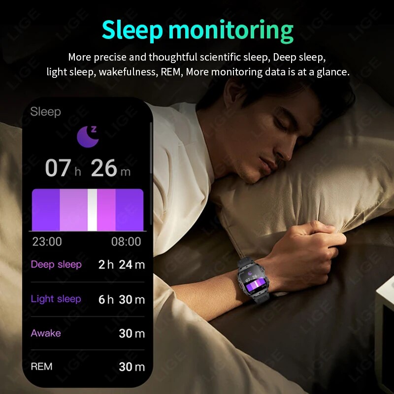 LIGE 2024 Smart Watches Men's Rugged Military Bluetooth Call Sport Heart Rate IP68 Waterproof Outdoor Smartwatch for Android IOS. 