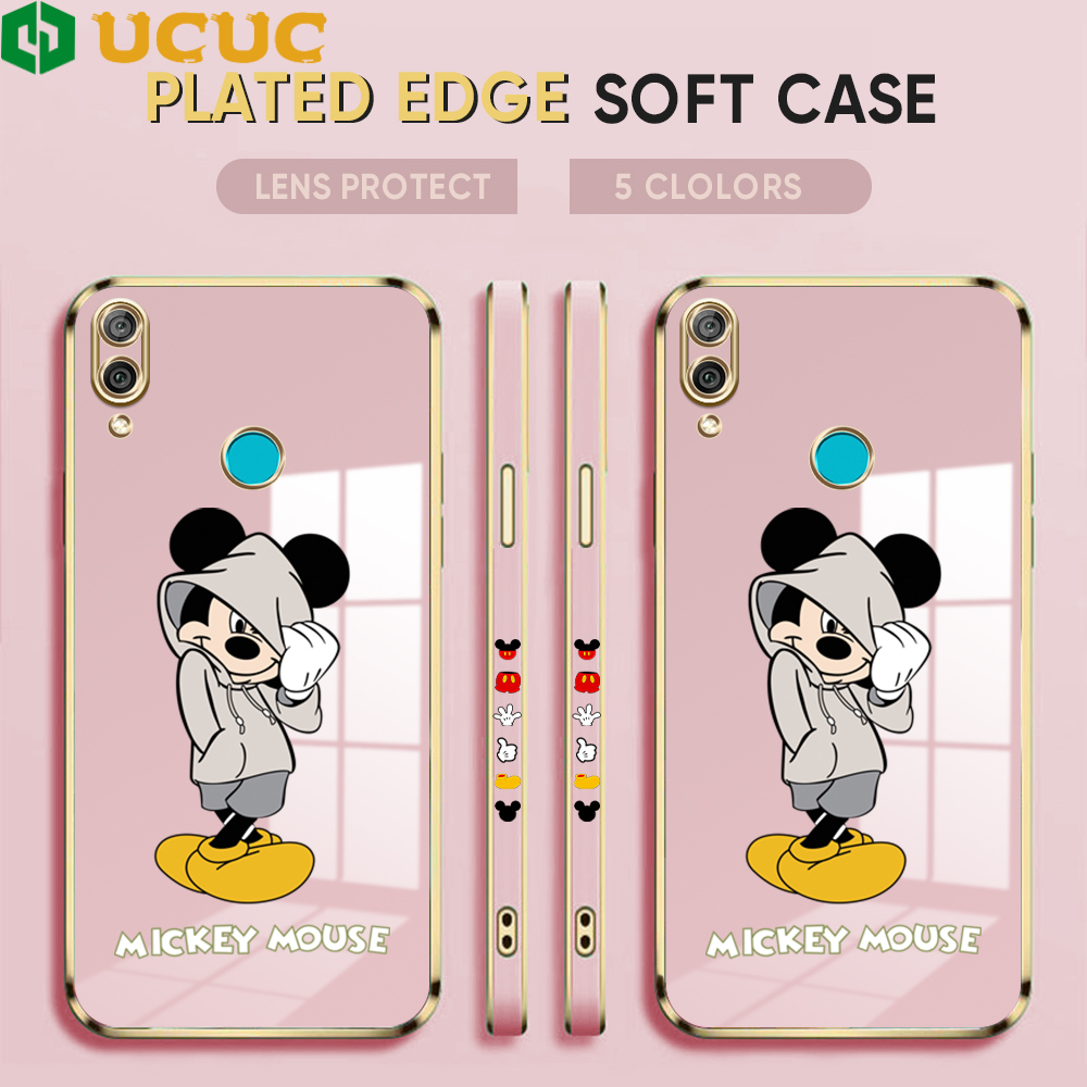 UCUC for Huawei Y7 2019 Y7 Prime 2019 Back Cover + Free Lanyard Hoodie Mouse Luxury 6D Plating Case Side Pattern Soft Silicone Square Phone Cases. 
