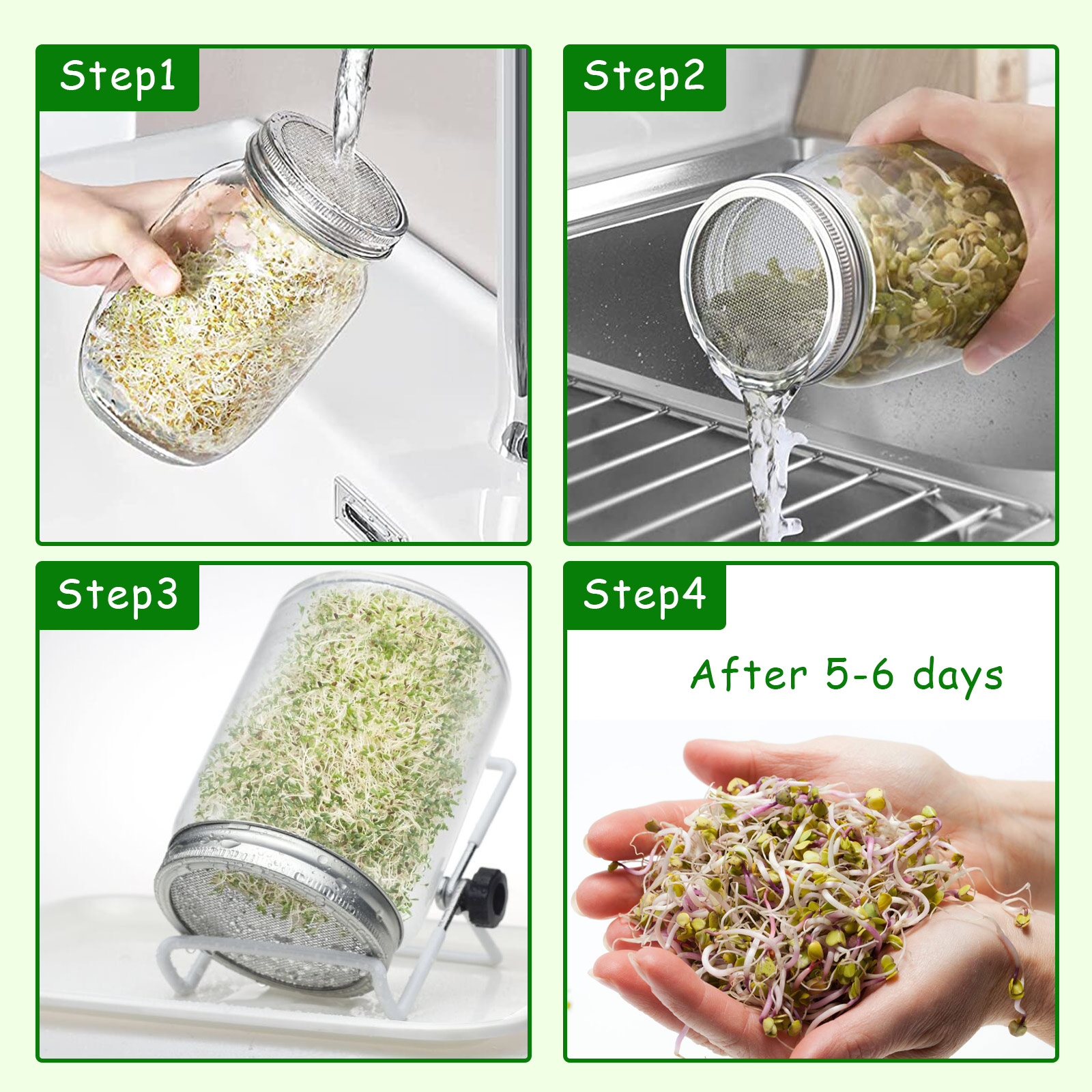 Seed Sprouting Jar Kit Durable Glass Bean Sprouts Growing Kit with Stainless Steel Screen Sprout Lids Stands Shading Cloths Tray. 