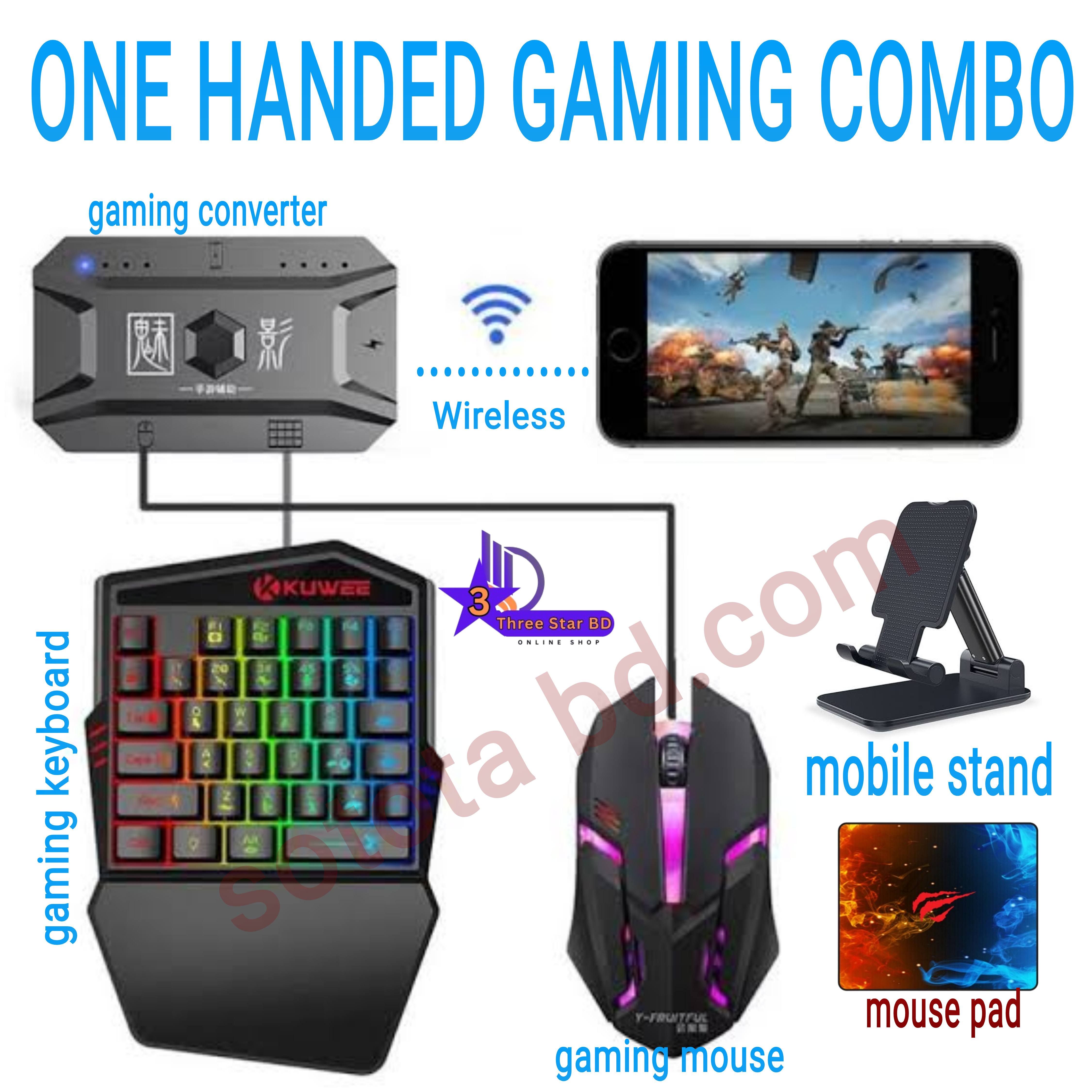 5 in 1 Bluetooth Gaming Keyboard Mouse Converter Combo for Smartphone, play your mobile games using the keyboard and the mouse Gaming Accessory Kit (Multicolor, For Android, iOS)