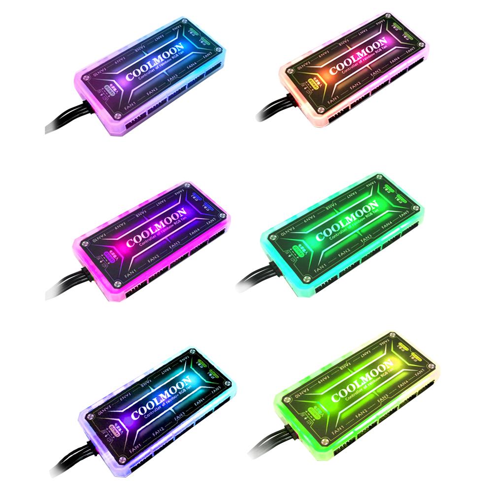 Group Vertical Coolmoon RGB Remote Controller Dc12v 5a Led Smart Fan Controller With 10pcs 6-pin Fan Ports 2pcs 4-pin Light Bar Ports. 