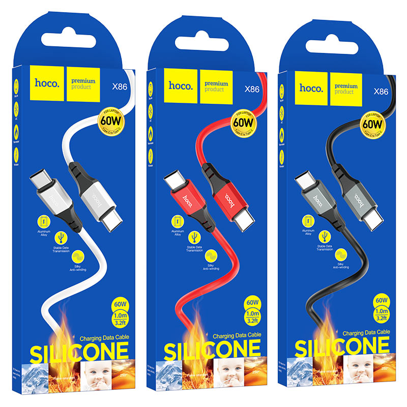 Hoco X86 Spear, Type-C to Type-C charging data cable, 1m, silicone and aluminum alloy, supports 60W (20V/3A) for laptops and 3A. 