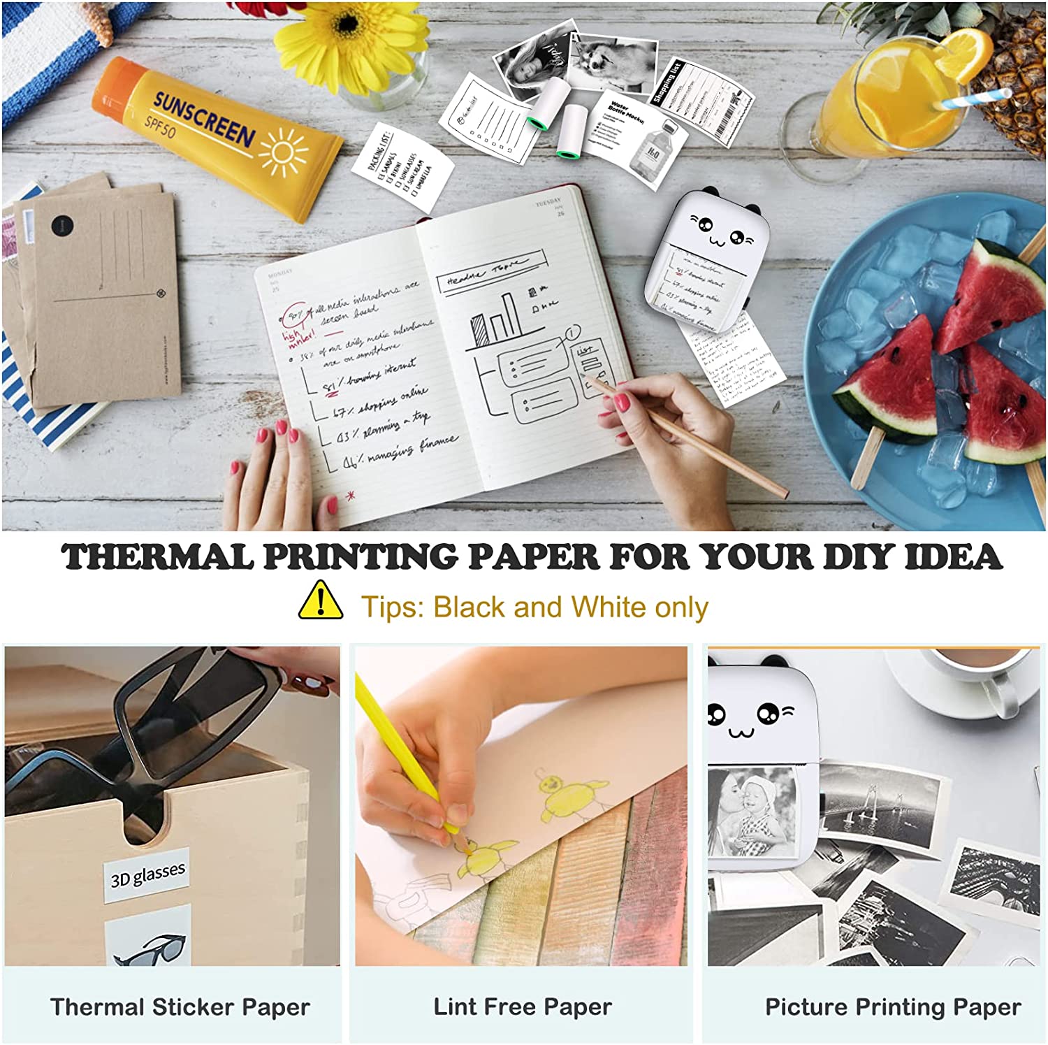 Thermal Printer - Mini Printer For Mobile - Bluetooth Wireless Label Sticker Printer - Portable Printer Photo Label Sticker Note Printer. 