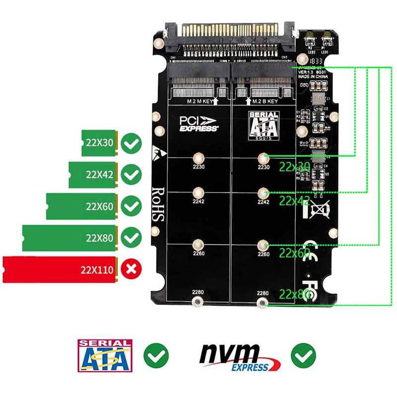 2 In 1 M.2 NVMe SATA U2 M.2 NVME SSD Key M Key B SSD To U.2 SFF-8639 Adapter PCIe M2 Converter Desktop Computer Parts. 