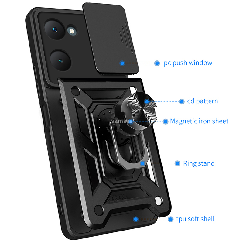 Vantime for vivo Y03 / Y03t / Y18 / Y18s / Y28s 4G 5G Case Hard Sliding Lens Protect Stand Holder Back Cover. 