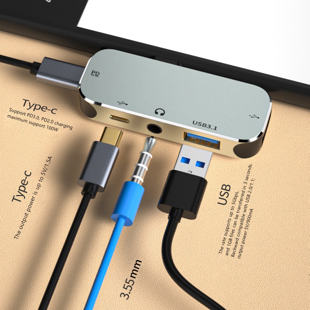 Multi-function 6 in 1 Type-C Hub 3.55mm Jack PD100W USB3.0/USB2.0/USB3.1 HDMI-Compatible USB Extender Hub. 
