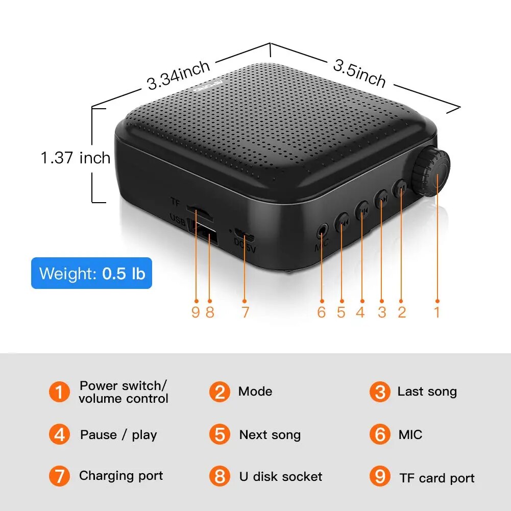 Portable Voice Amplifier Megaphone Mini Audio Speaker With Microphone Rechargeable Ultralight Loudspeaker For Teachers. 
