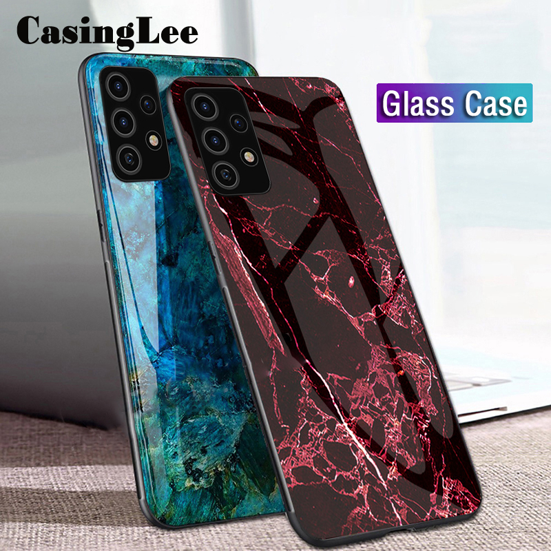 Casinglee For Samsung Galaxy A72 Case Fashion Marble Tempered Glass Protector Soft Silicone Phone Back cover for Samsung Galaxy A72 case cover