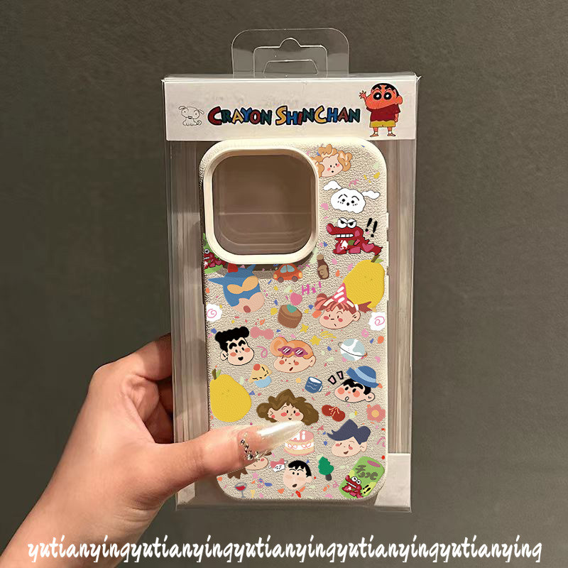 Funny Doodle Cartoon Creative Cute Crayon Shin-chan Family Case Compatible for IPhone 13 15 11 16 12 14 Pro Max XR 16 14 15 Plus XS X Max Luxury Leather Texture Skin Feel Cover
