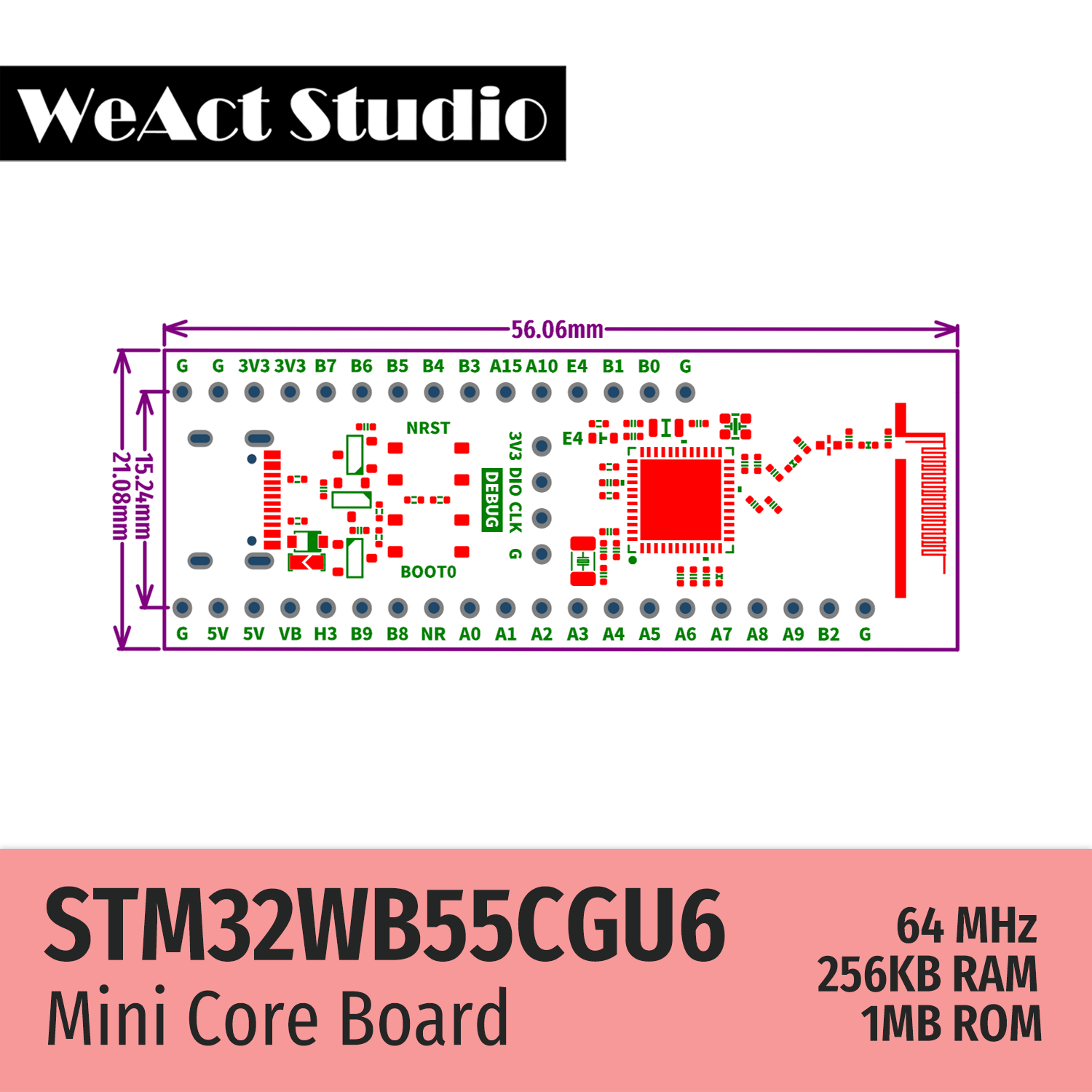 WeAct STM32WB55CGU6 STM32WB55 STM32WB STM32WB55CG BLE-5.4 802.15.4 Zigbee Thread Matter USB AES-256 Core Board Demo Board. 