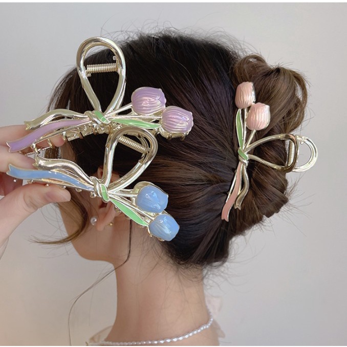 2023 New Two Flower Tulip Bouquet Hairclips Hairpin Hair Clips Accessories Girl Korean Female