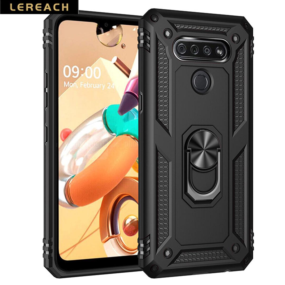 Lereach For LG K51 / Q51 Mobile Phone Case TUP+PC Hard Ring Car Ring Bracket Shockproof Back Cover