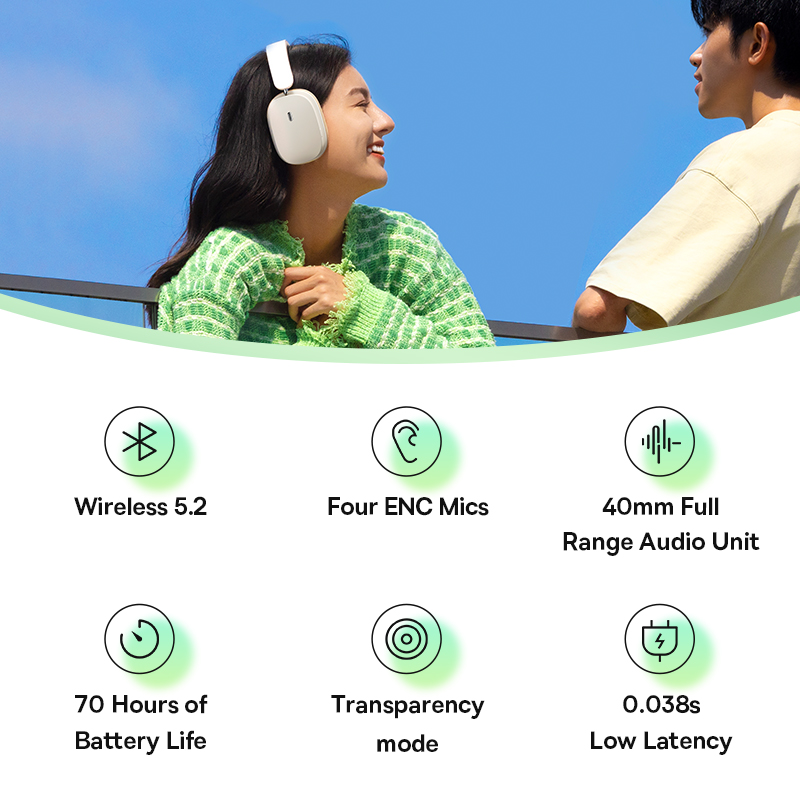 Baseus H1 ANC Bluetooth 5.2 Headsets Wireless Headphones, 40db Active Noise Cancellation, 70h Battery Life, 40mm Driver Unit. 