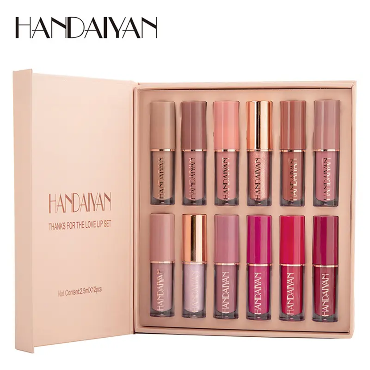 HANDAIYAN 12 Colors 2.5ml Lip Gloss Set Matte Pearlescent Non-Sticky Lip Glaze Lipstick. 