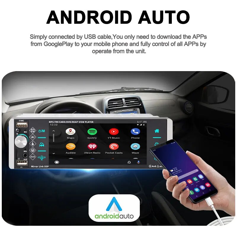 PolarLander  Mirrorlink AM Touch ​Screen 5.1 Inches Car Multimedia Player 1 Din MP5 4-USB Bluetooth MP4 FM Carplay/Android Auto. 
