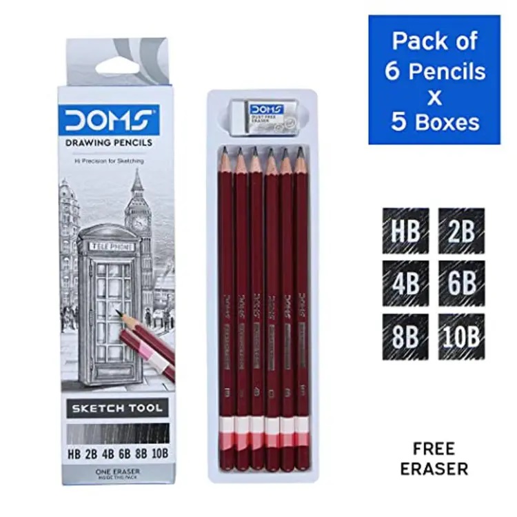 DOMS DRAWING & SKETCH PENCIL SET - HB 2B 4B 6B 8B 10B & ERASER. 