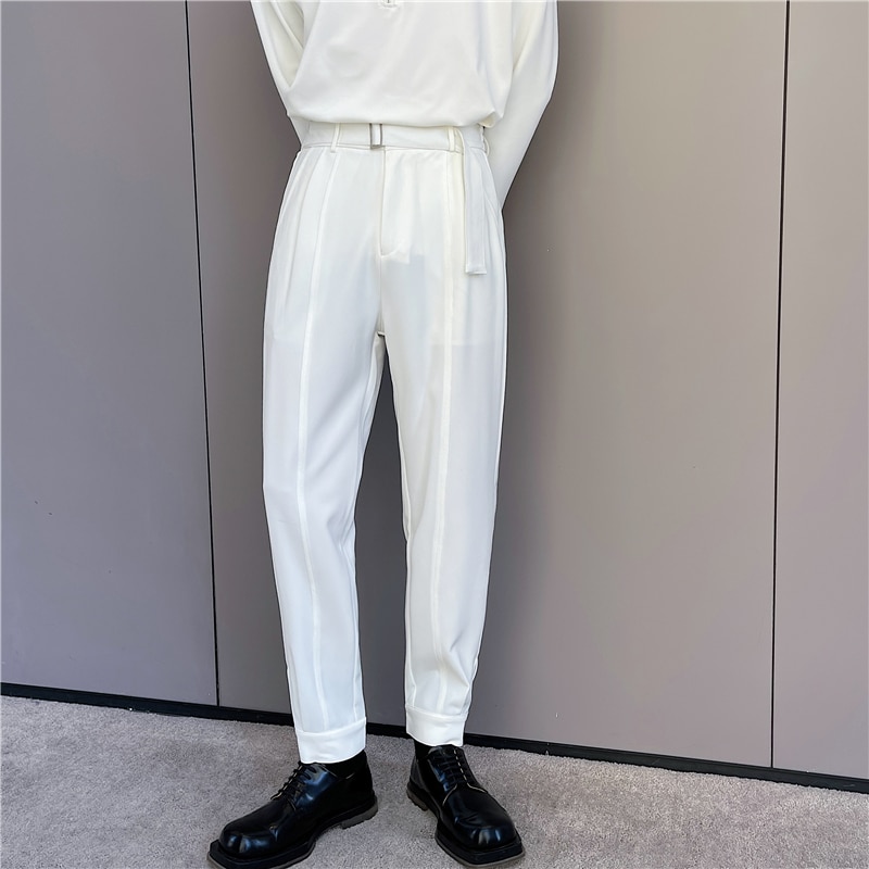 Korean Style Chic Harem Pants Men Solid Black White Man Trouser with Belt Spring Summer Tapered Ankle Length Casual Pant Quality. 