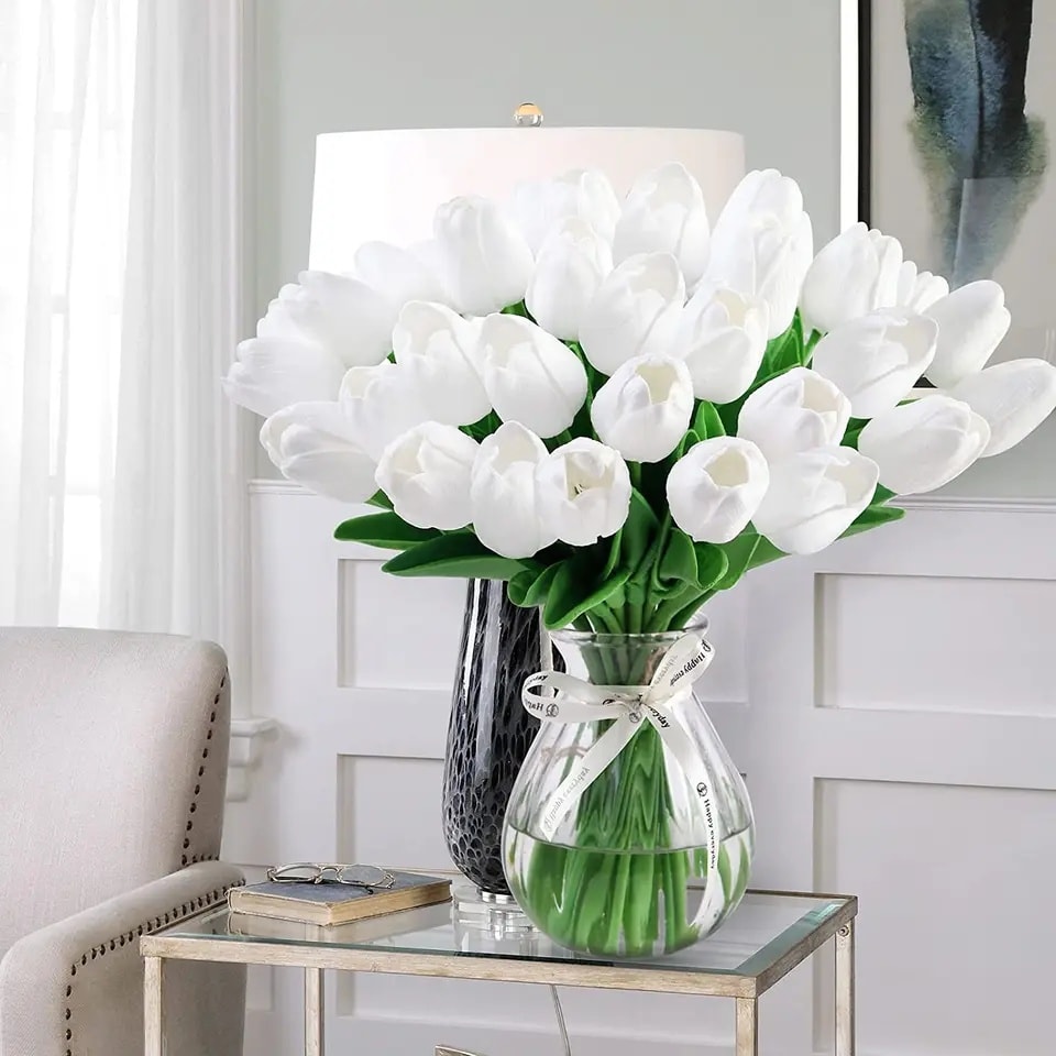 5 Pcs Artificial Tulips Faux Silk Flower Bouquet for Home Party Wedding Decoration 34cm. 