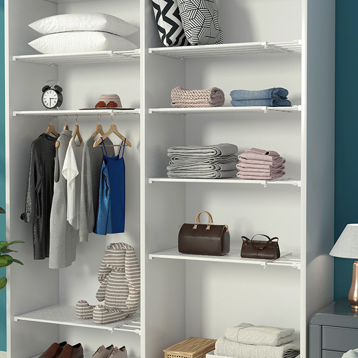 Extendable Closet Shelf DIY Adjustable Wardrobe Divider Cabinet Rack Wall-mounted Space Saving Partition Divider Organizer 1/2Pc. 