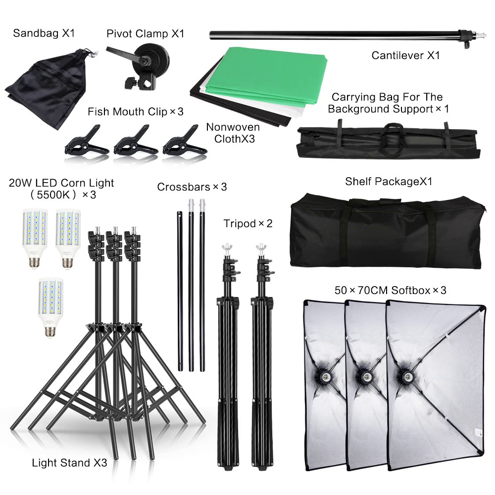 Photography Background Frame Support Softbox Lighting Kit Photo Studio Equipment Accessories With 3Pcs Backdrop And Tripod Stand. 