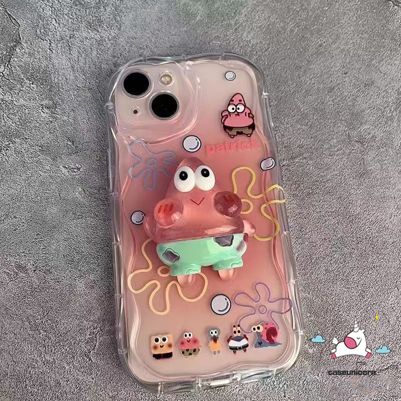 Spongebob Patrick Star 3D Steric Doll Stand Case Compatible For Redmi 12 A1 9A 9T 12C 10 10C 9 10A A2 9C NFC Note 12 10 10s 8 9 11 11s Pro Max Poco M3 Mi 11 12 Lite 3D Wavy Curved Edge Couples Cover. 