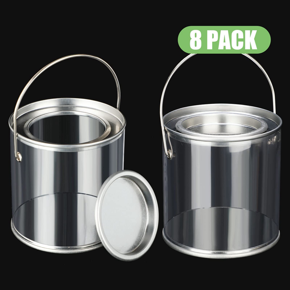 Paint Bucket Clear Bucket with Metal Lids and Handle Decorative Clear Plastic Bucket Storage Clear Paint Can 8 Pack. 