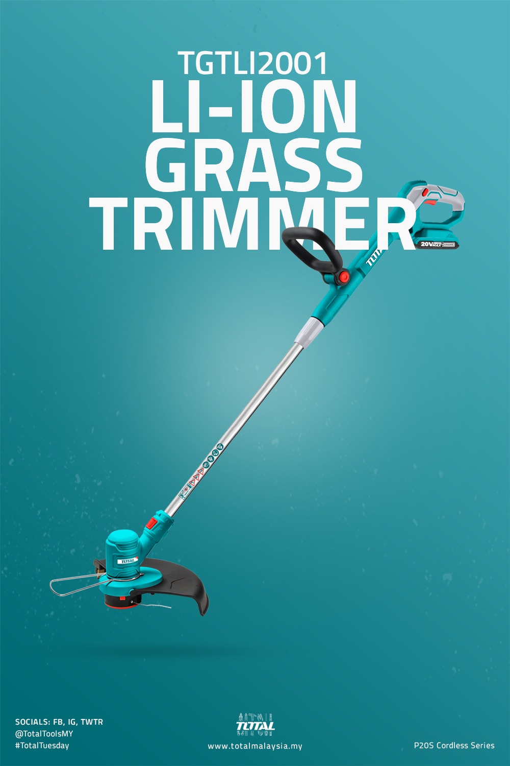 TOTAL Cordless Grass Trimmer 20v with battery and charger TGTLI20018. 