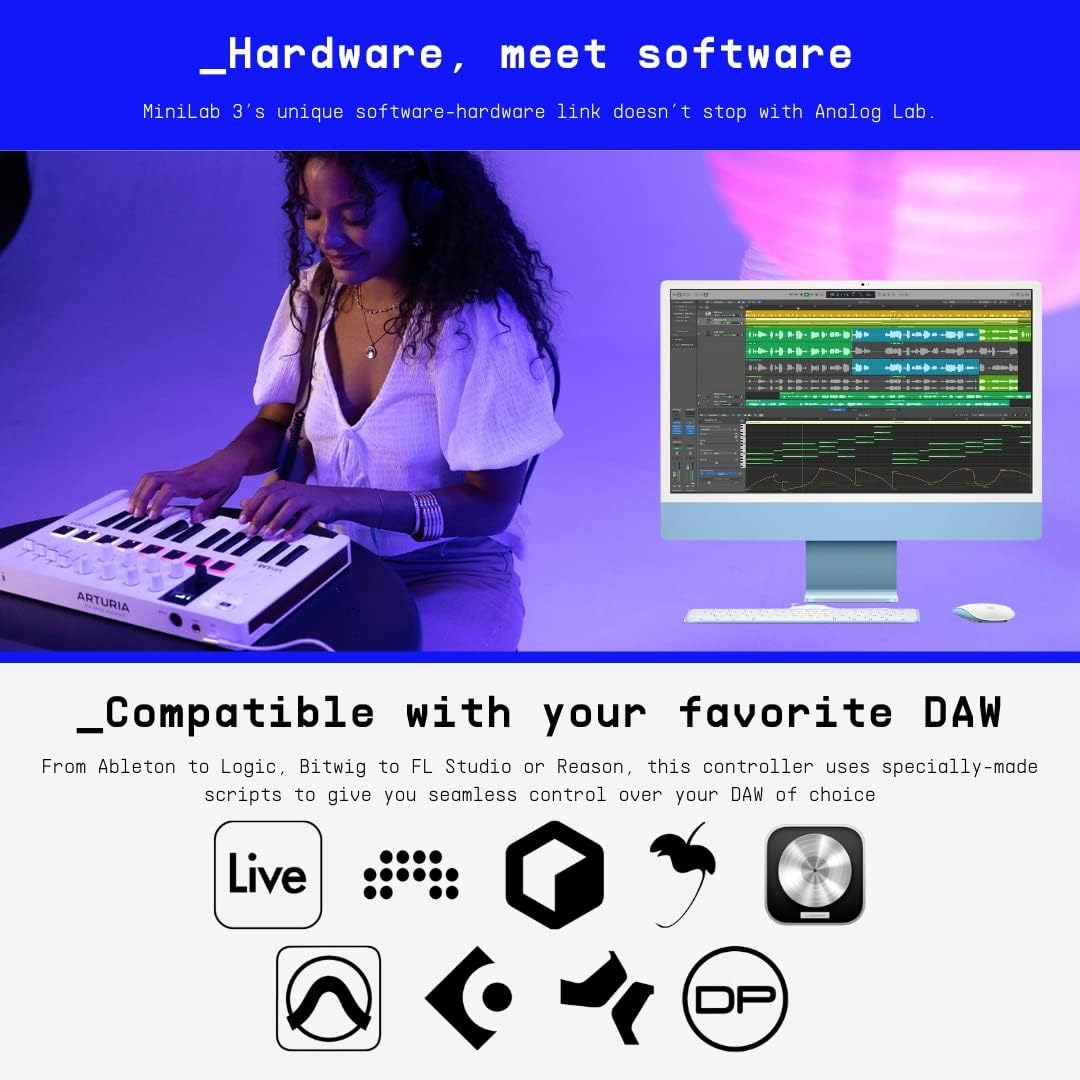 Arturia - MiniLab 3 - Universal MIDI controller for music production with all-in-one software package - 25 keys, 8 multicolor pads - black. 