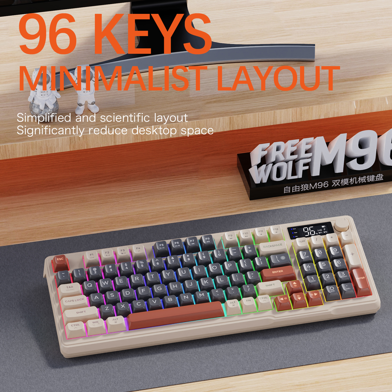 M96 Wireless Keyboard Bluetooth Free Wolf Gaming Keyboard Dual-Mode,Electronic Screen, Multi-Device Connection,Ergonomics Gaming. 