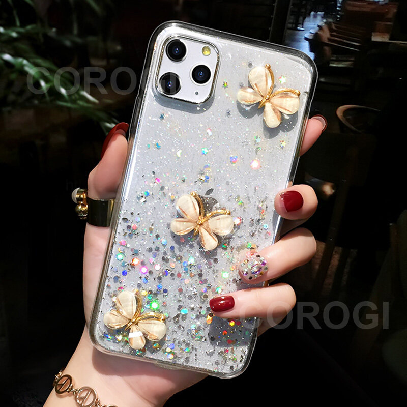 For 8 Plus/7 Plus back cover luxury 3D shiny rhinestone butterfly glitter sequins starry girl case clear soft TPU silicone protective mobile phone case. 