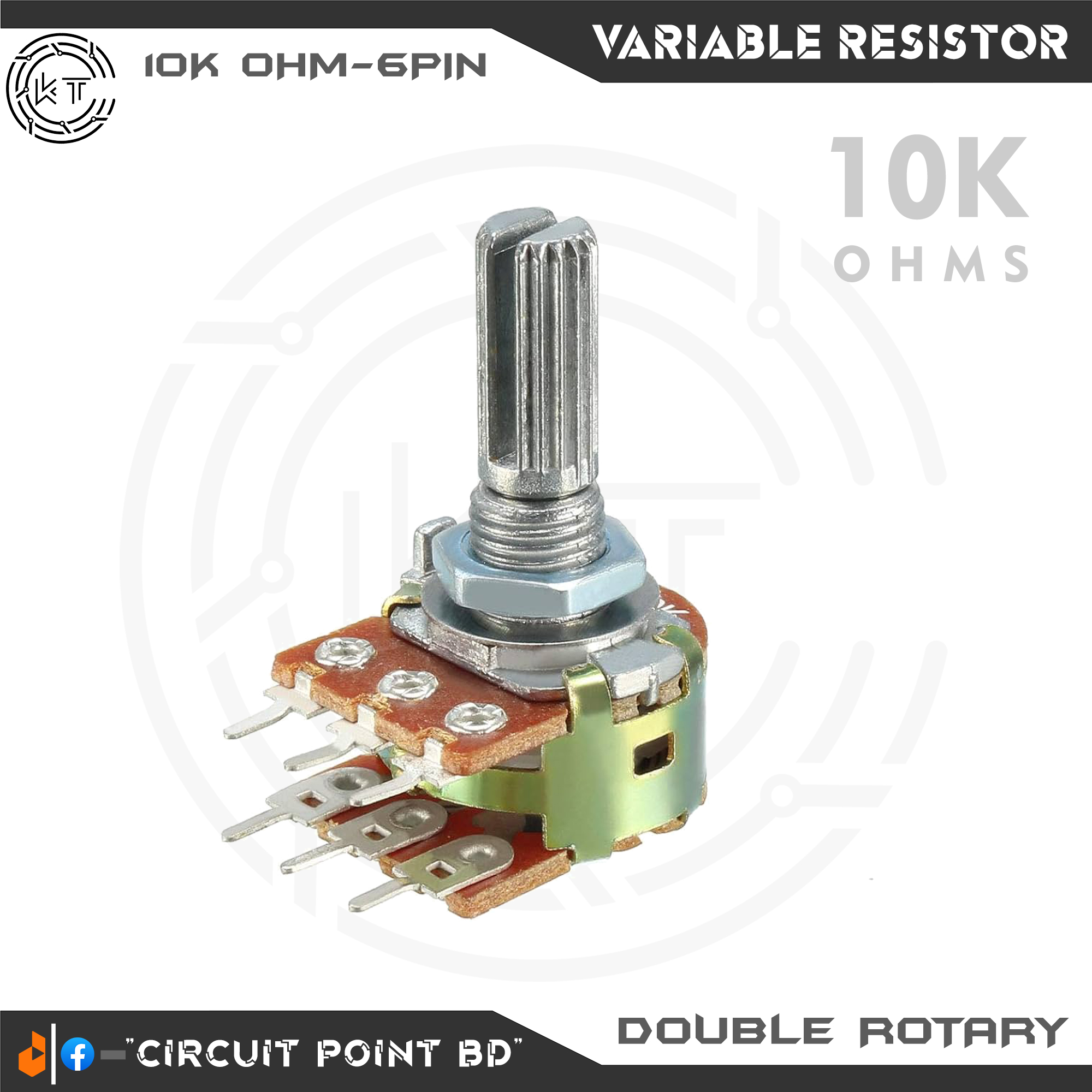 10K Ohm 2Pcs Pack Double Layer Variable Resistor / Potentiometer 6 Pin Dual Gang Linear Taper, Rotary, Adjustable Variable Resistor / Potentiometer For Electric & Electronics.. 