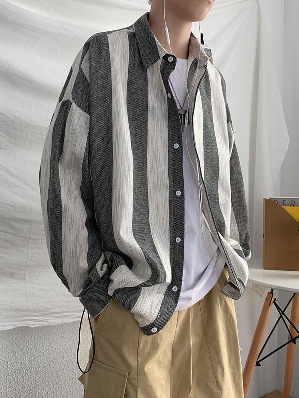 Spring and autumn long-sleeved shirts, men's Korean version, trendy vertical stripes, handsome shirts, lazy style, loose shirts, casual jackets