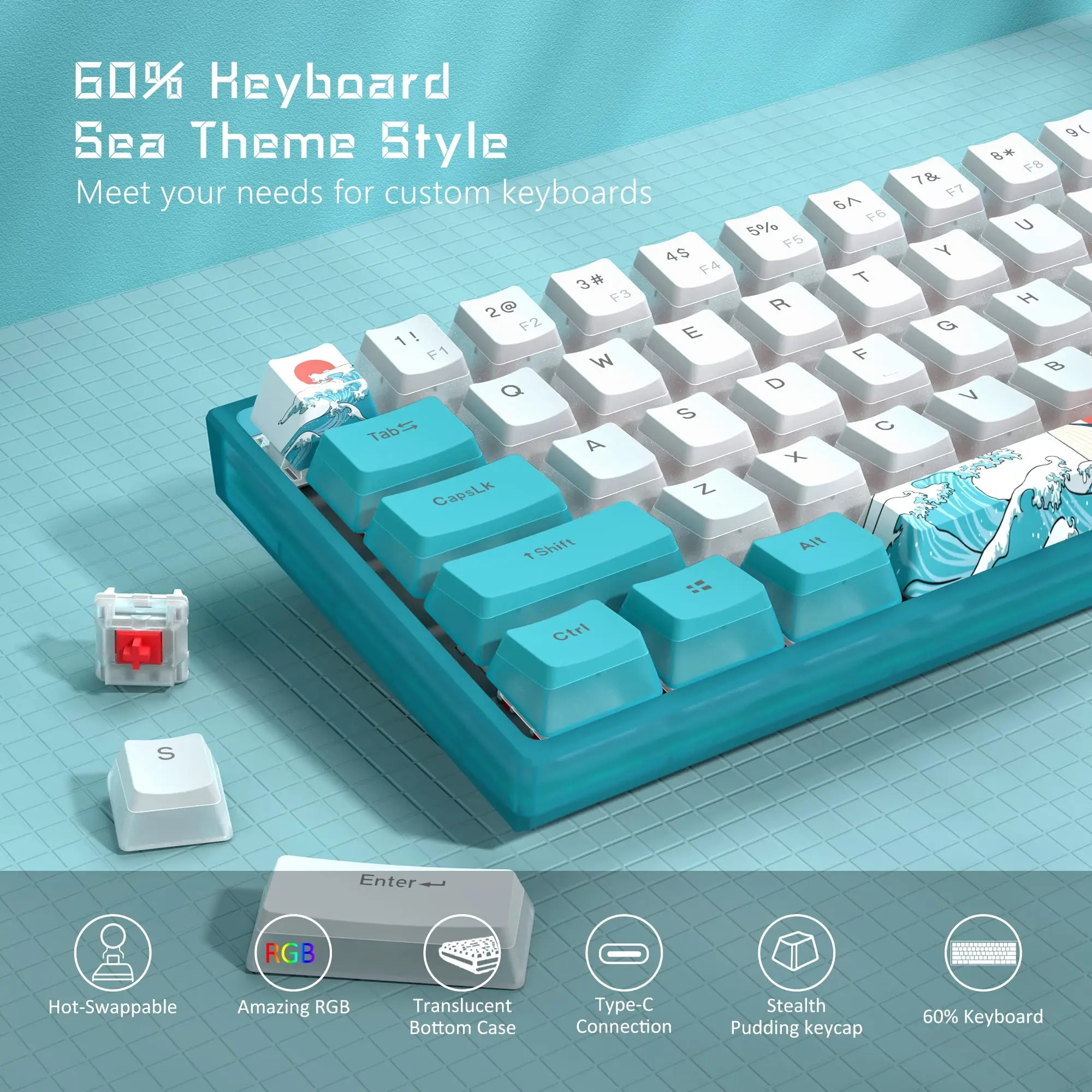 Womier WK61 Mechanical Keyboard RGB Wired Gaming Keyboard Hot-Swappable Blue Sea Theme with PBT Keycaps for Windows PC Gamers. 