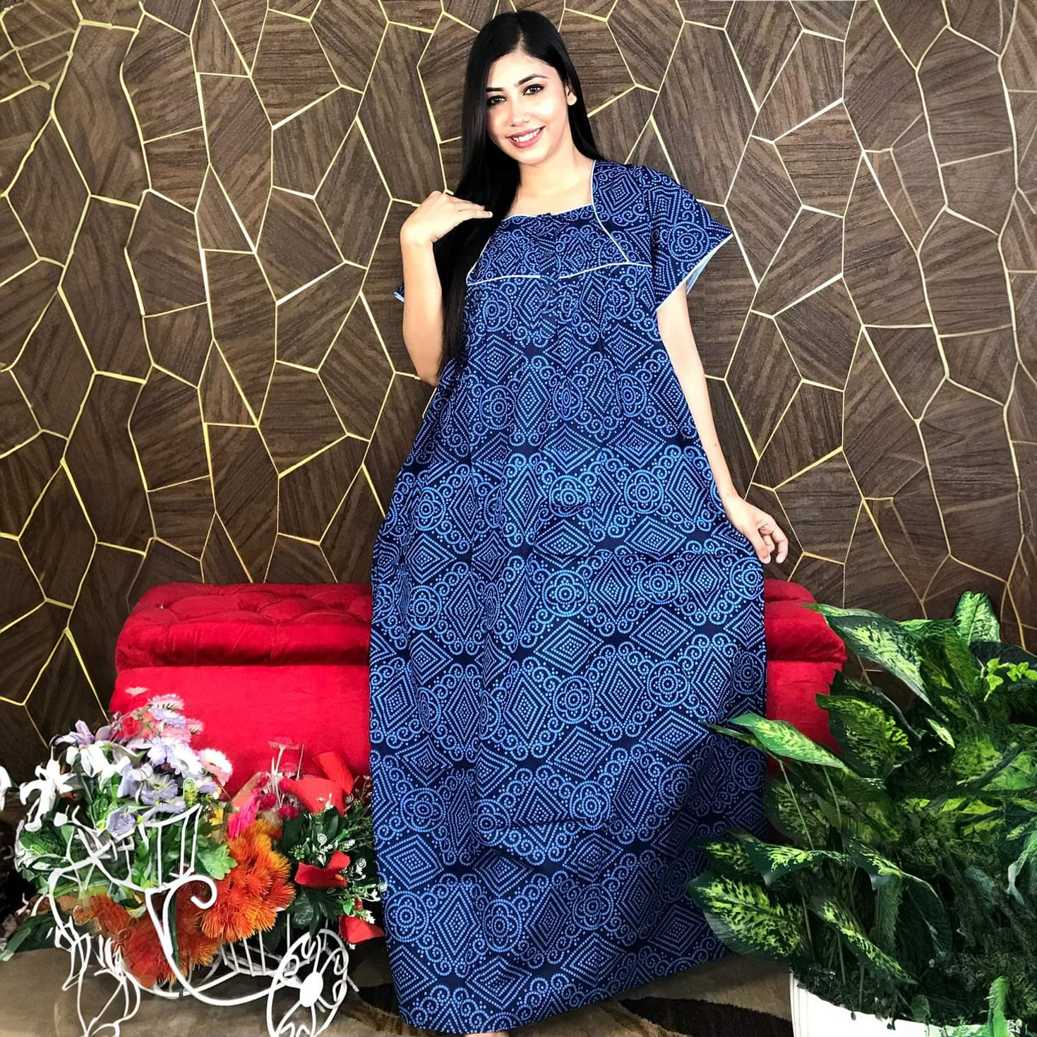 Women's Printed Cotton Maxi Dress - Stylish Design, Available in Multiple Sizes