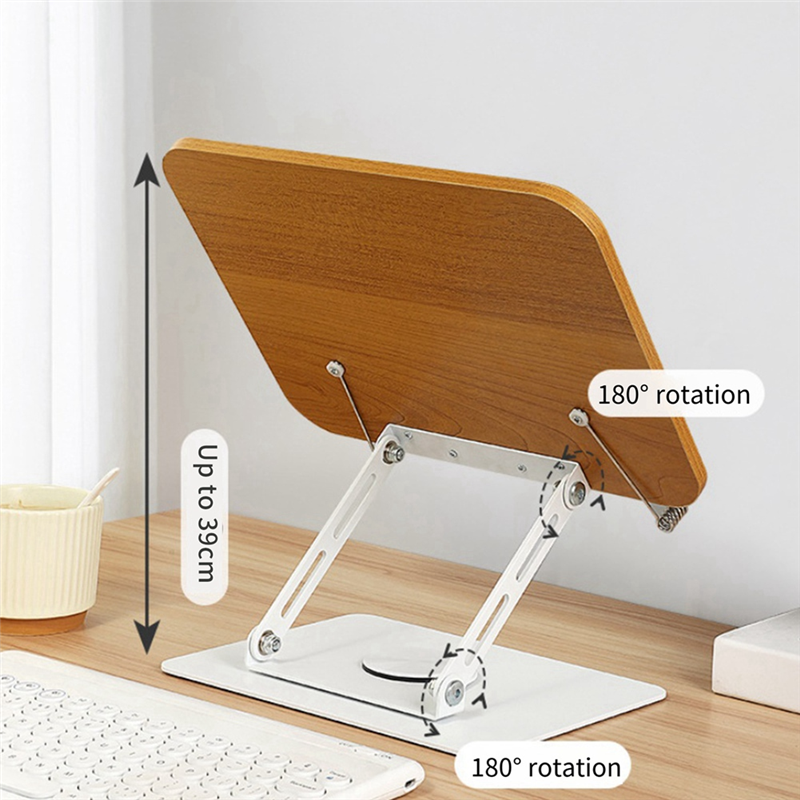 360°Rotating Base Book Stand Holder for Reading Hands Free Foldable Book Display Stand with Paper Clips Wood Panel Stand Easy to Use. 