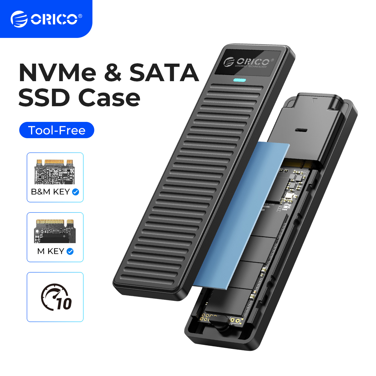 ORICO M.2 NVMe SSD Enclosure 10Gbps USB3.2 Gen2 M2 SSD Enclosure Case Box Simple Design for NVMe SATA Tool-free Support UASP. 