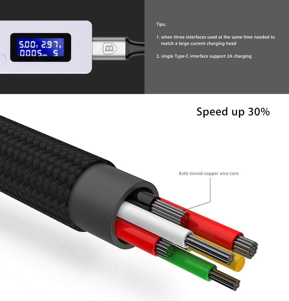 Baseus Rapid Series 3A 3 in 1 Type-C + 8 Pin + Micro USB Cable Type-C Output 1.2M Baseus Rapid Series 3A 3 in 1 Type-C + 8 Pin + Micro USB Cable Type-C Output 1.2M
