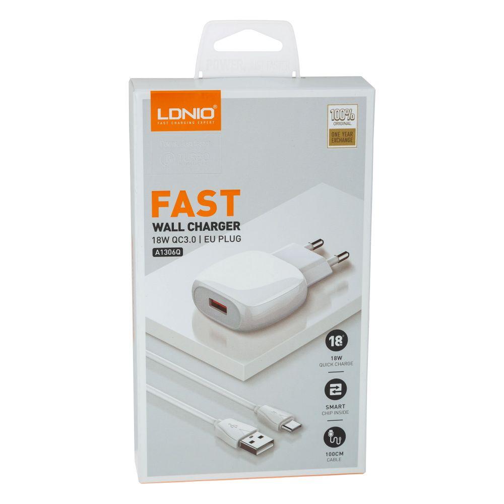 For Samsung Galaxy M01 A01 A7 A7 (2016) J8 J7 J5 7 Prime J5 Prime J7 Pro  LDNIO A1306Q (ORG) QC3.0 EURO Plug 1 USB Port 18W (Max) Fast Charger + Micro USB Data Charging Cable. 