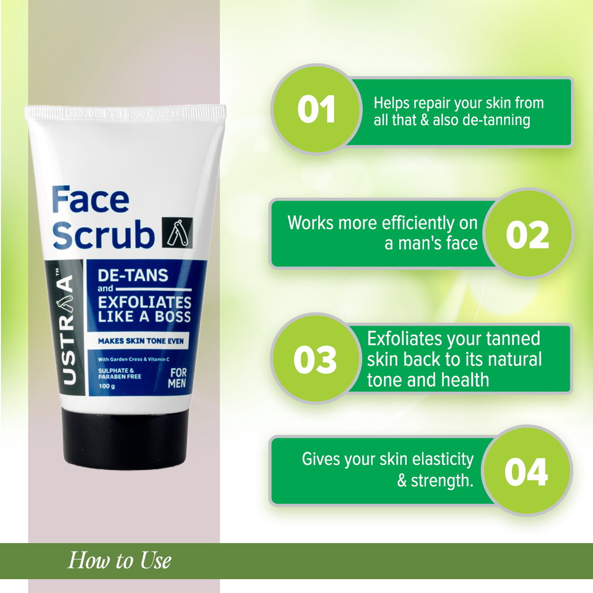 Ustraa Face Scrub De Tan Face scrub for men Exfoliation and tan removal with Bigger Walnut Granules No Sulphate No Paraben 100g. 