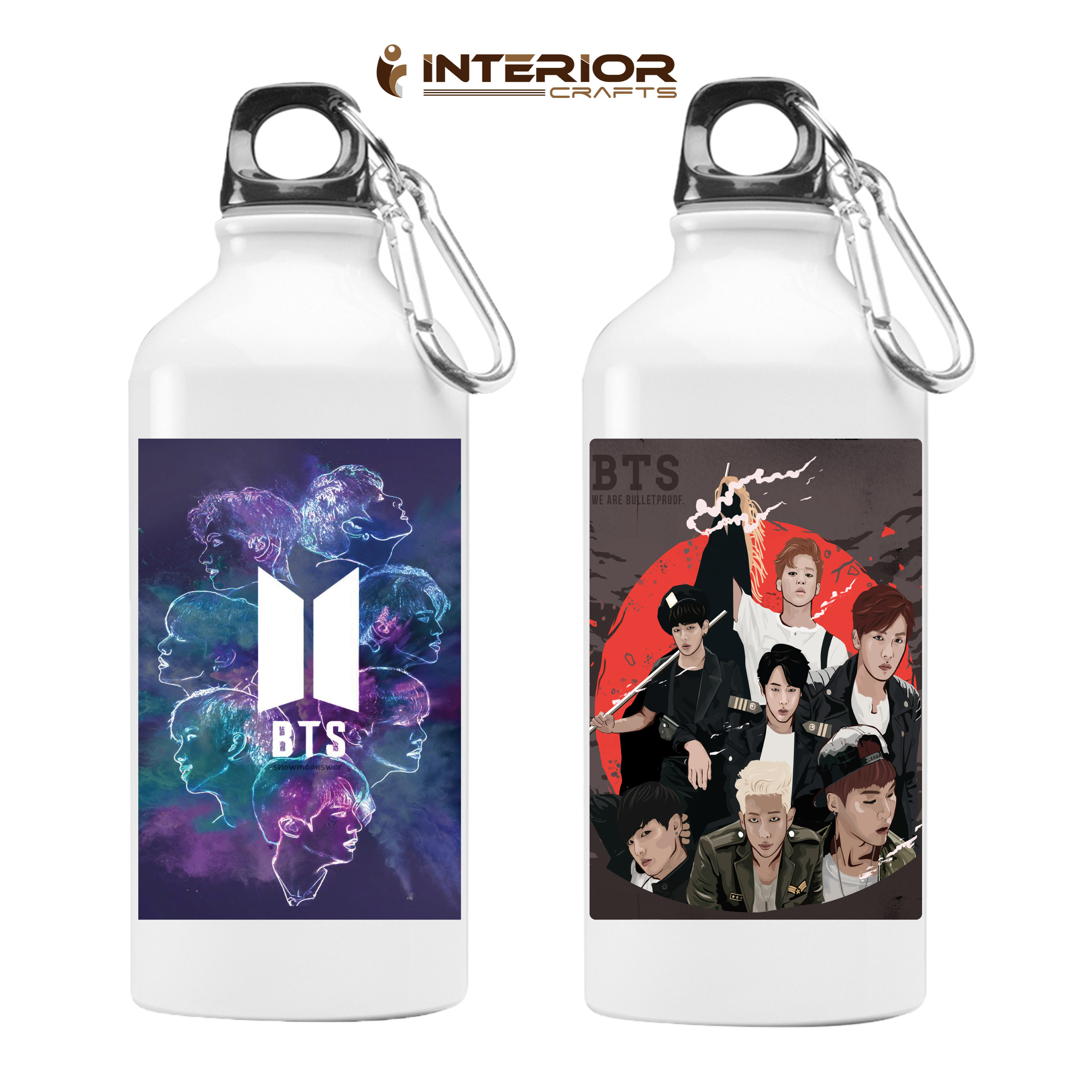 BTS Picture Art Printed White Aluminum Water Sipper Bottle Best Gift for BTS Lovers INTE-7826